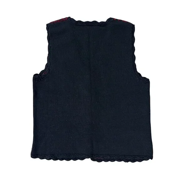 Vintage Vest 1990s Chenille Knit Black Red Button Up Scalloped Edges Small Korea - Picture 3 of 9